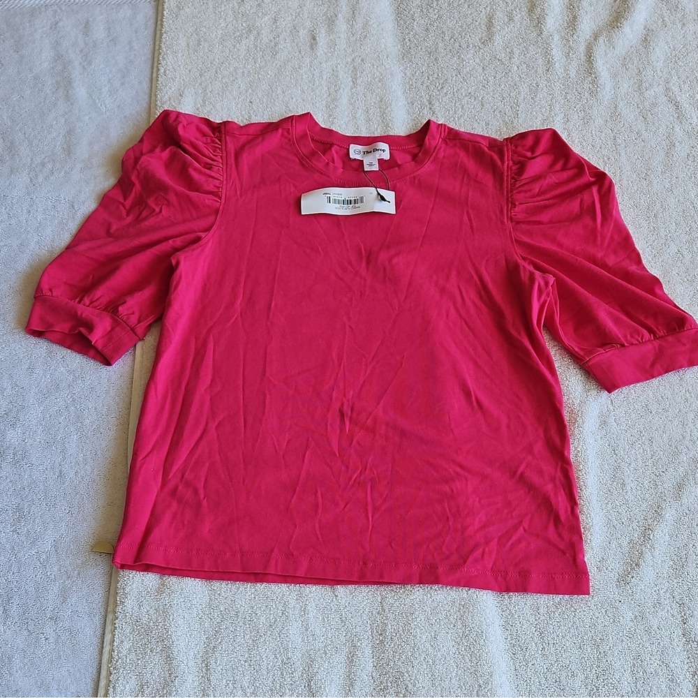 The Drop Pink Solid Crew Neck Puff Sleeve Short Sleeve Pullover Top Women‎ XS
